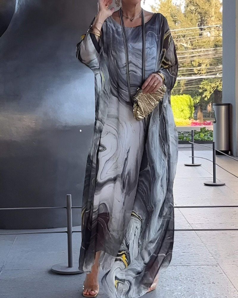 Sevda | Elegante chiffon maxi jurk met marmerpatroon - Vloeiend, lichtgewicht & stijlvol