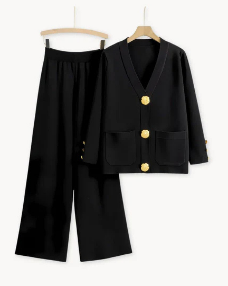 Panthea | Luxe gebreide vrouwenset - vest en broek, loungewear ensemble