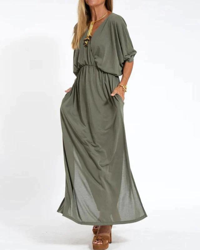 Sunhild | Elegante lange Vintage V-hals jurk - Flowy maxi jurk voor dames