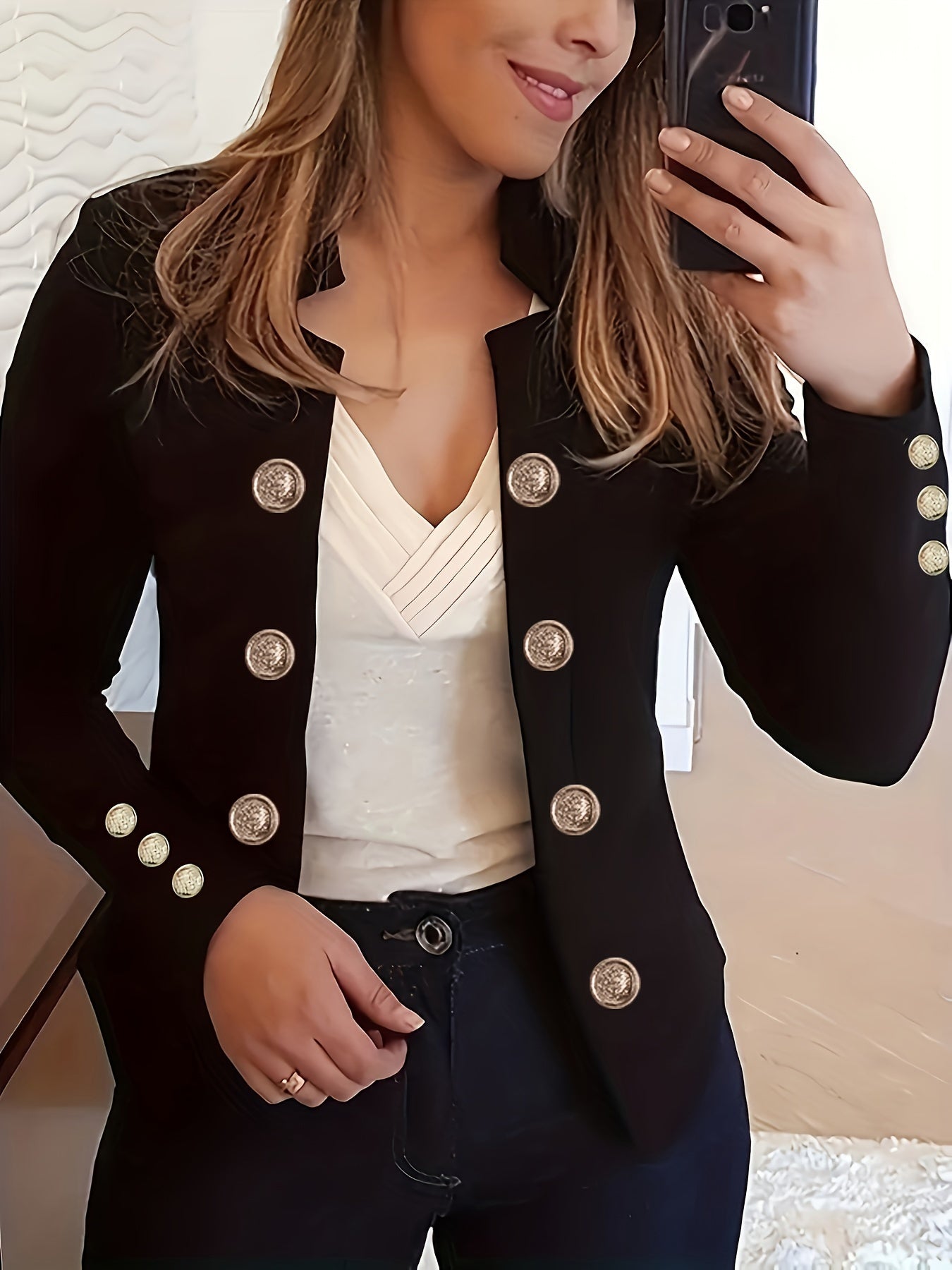 Enidra | Casual polyester jas voor dames – Manchetknopen en elegante knoopaccenten