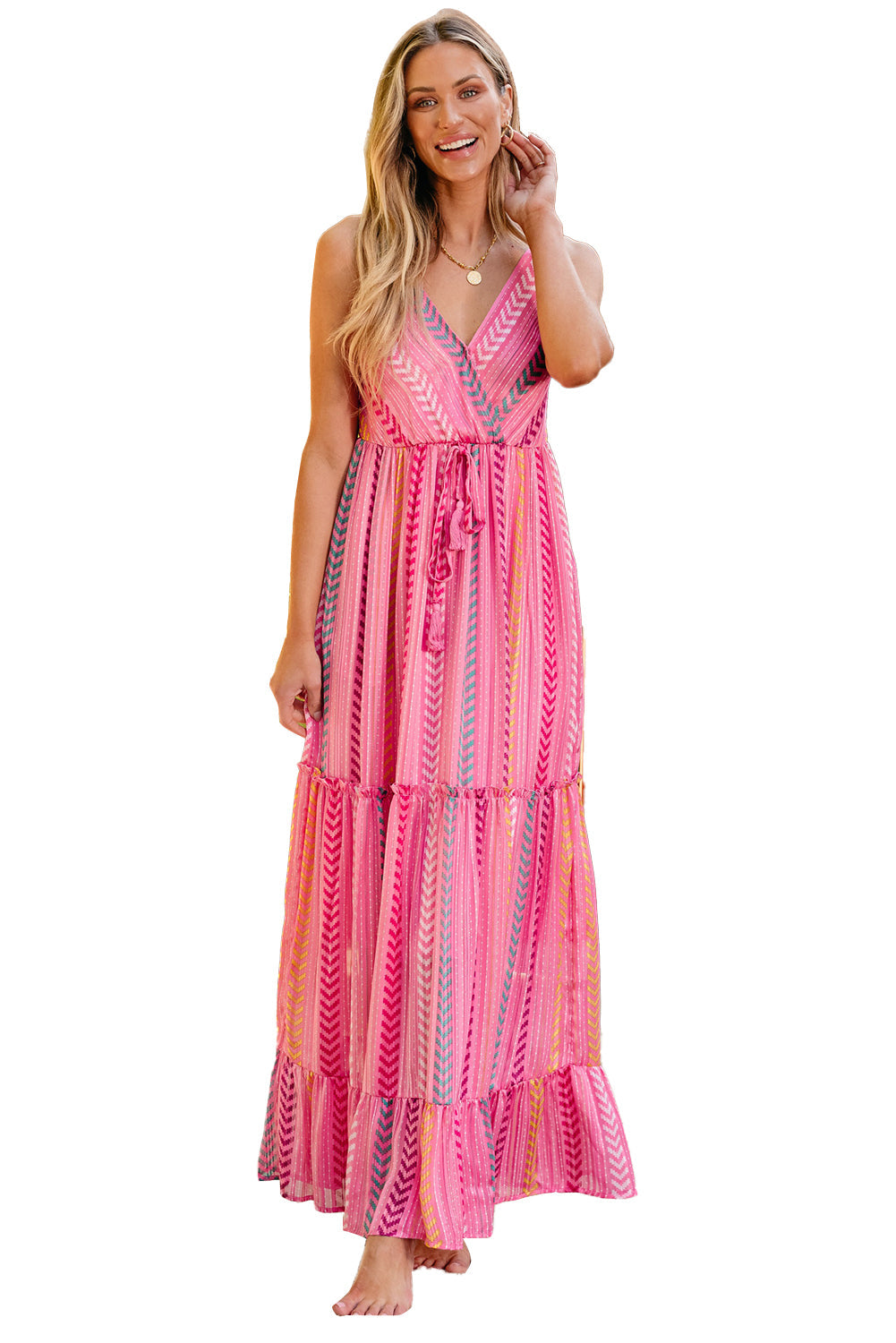 Mevelyn | Boho Western Maxi-jurk voor vrouwen - Roze V-hals met kwastjes, spaghettibandjes & allover print