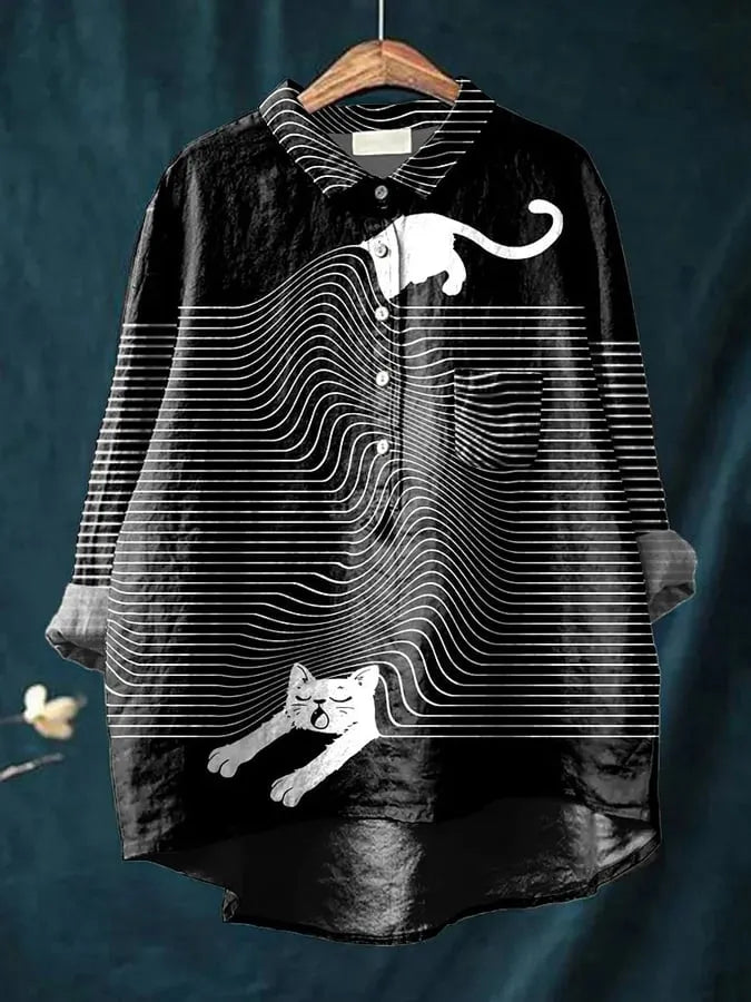 Elza | Oversized Damesshirt met Hondenkunst print - Lange Mouw Katoenen Casual Blouse