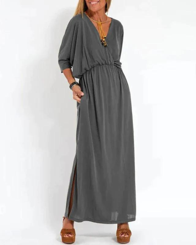 Sunhild | Elegante lange Vintage V-hals jurk - Flowy maxi jurk voor dames