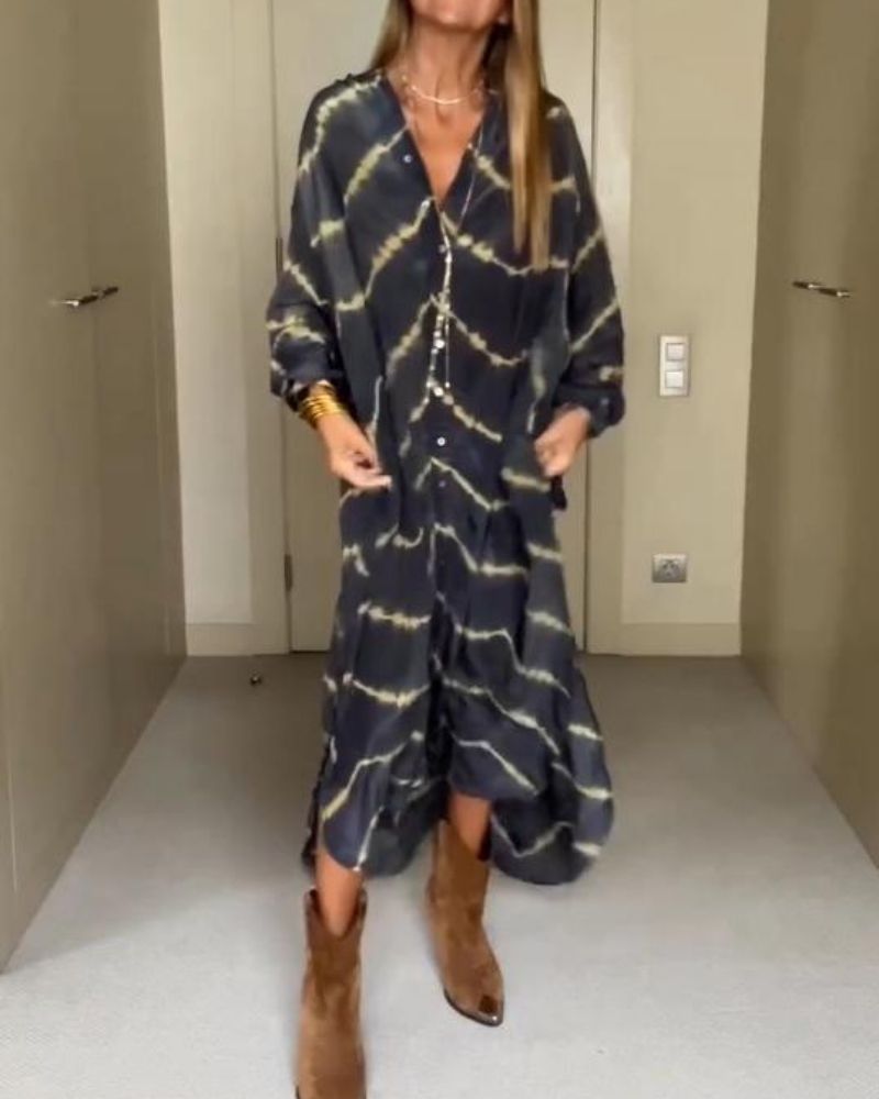 Alindra | Oversized Gestreepte Maxi jurk - Lange Mouw, Boho Los Pasvorm