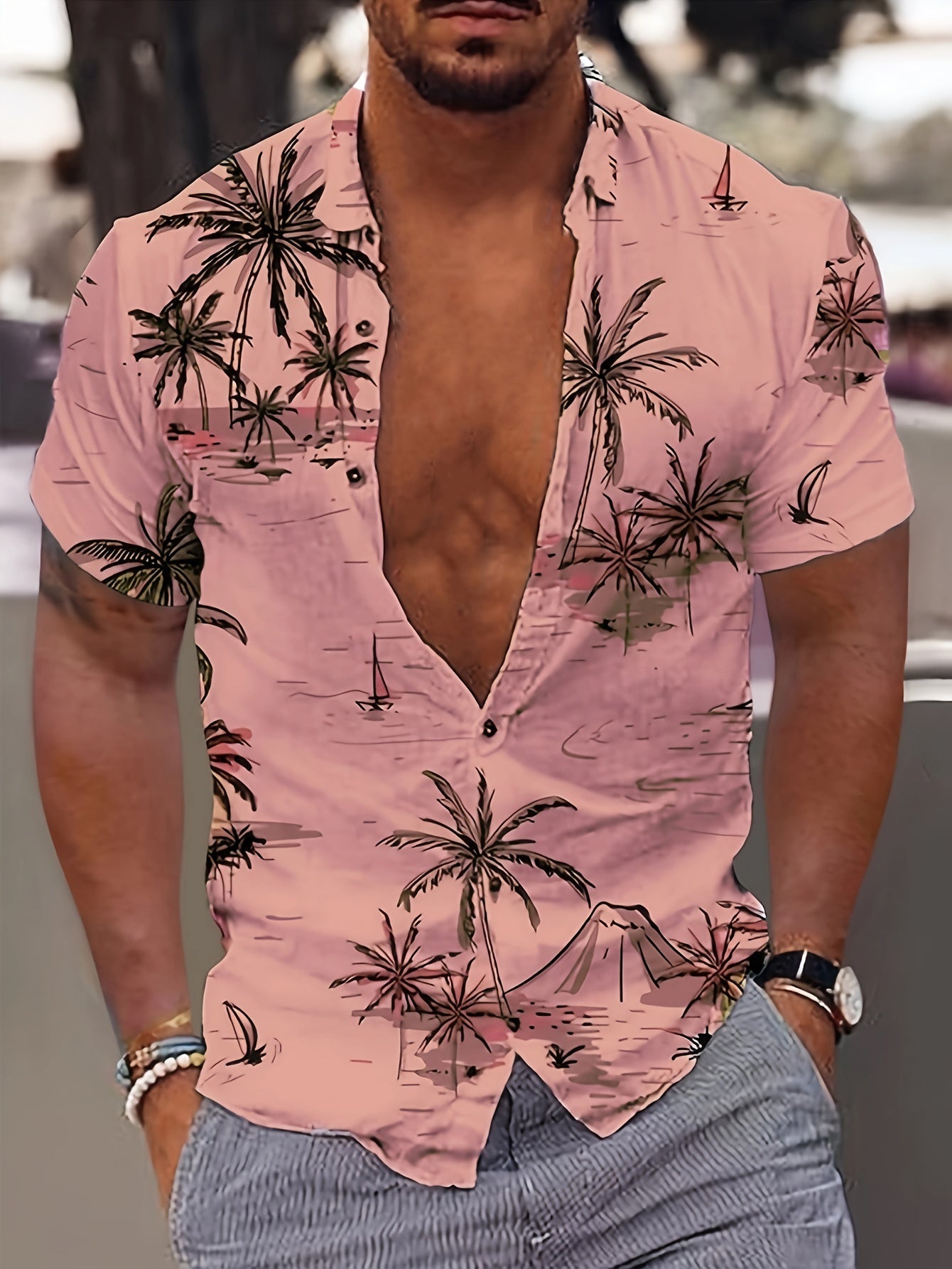 Kurt | Heren Hawaii Overhemd - Kokosnoot Boom Print, Korte Mouw, Casual Zomer Overhemd