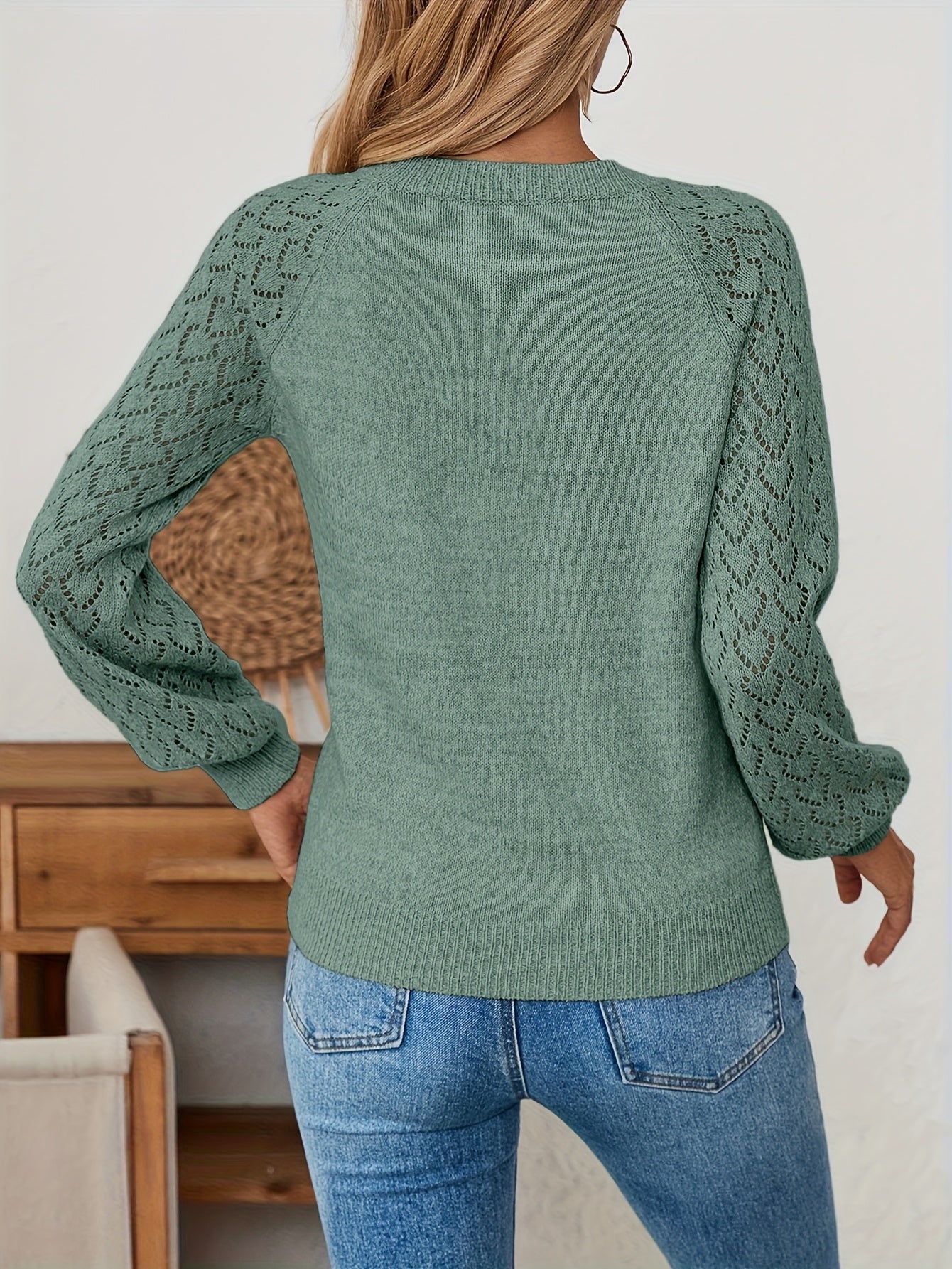Trude | Dames trui met V-hals – Zachte opengewerkte pullover met holle mouwen, lichtgewicht herfsttop