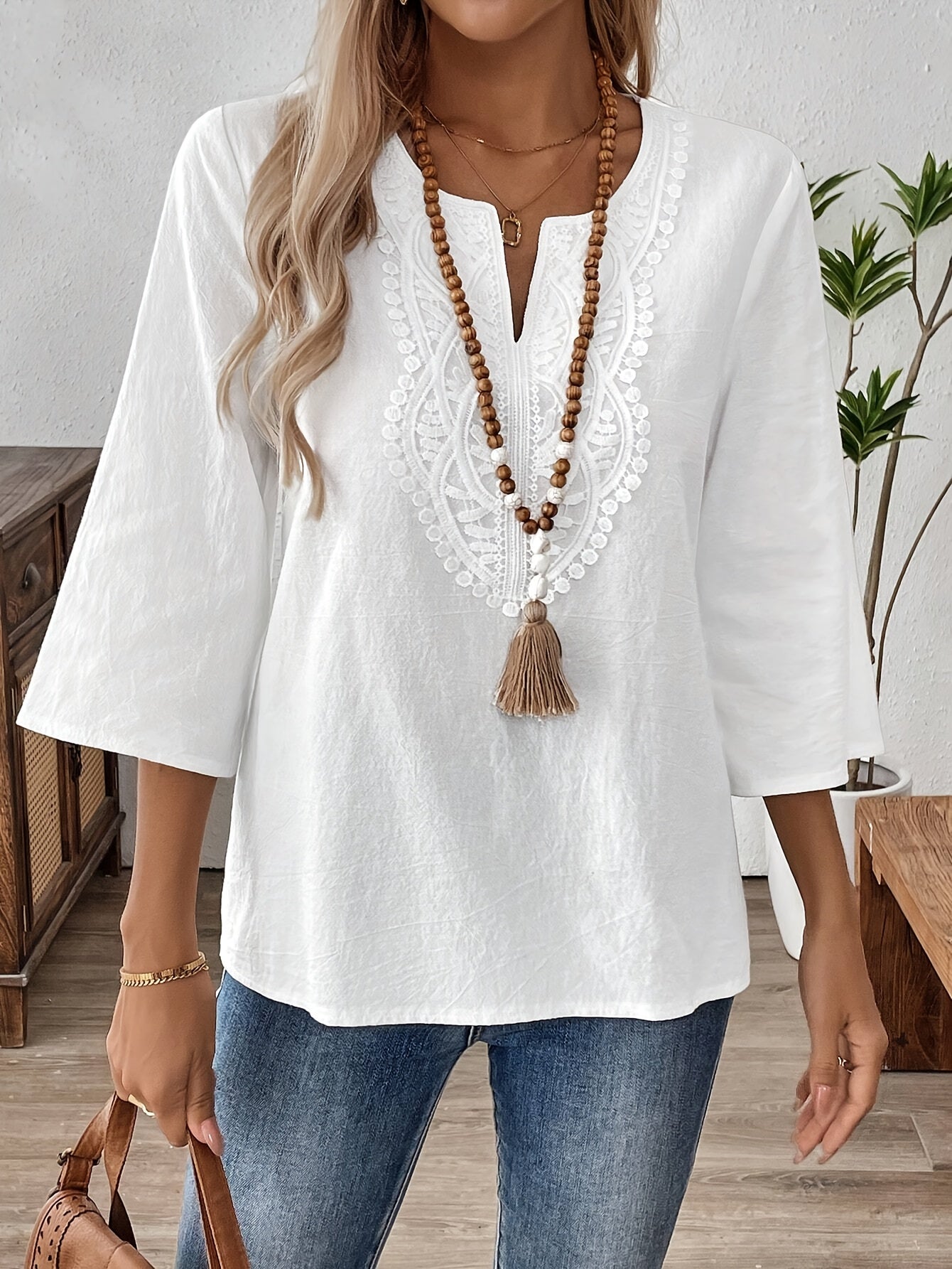 Kaari | Vrouwen Vintage Boho V-Hals Blouse - 3/4 Mouwen, Kanten Detail, Wit