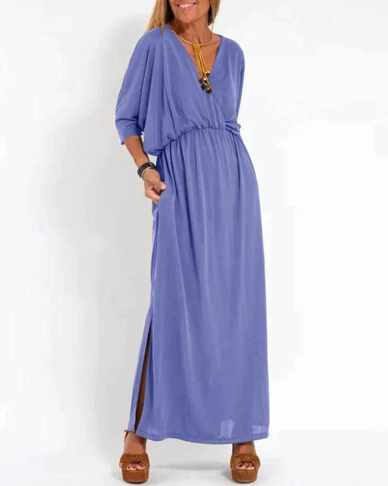 Sunhild | Elegante lange Vintage V-hals jurk - Flowy maxi jurk voor dames