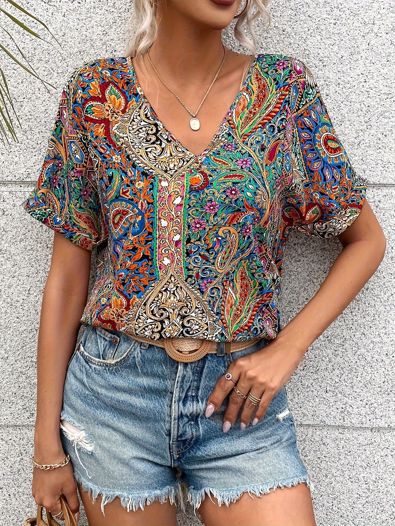 Miranda | Paisleyprint blouse met V-hals, elegante losse top met korte mouwen