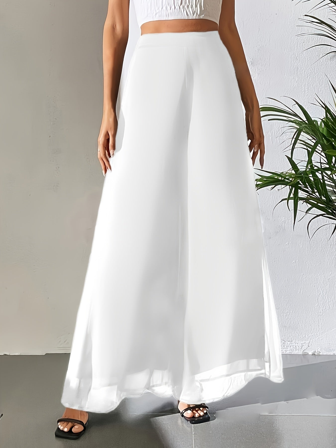 Maurelle | Hoge taille chiffon broek met wijde pijpen voor dames – Uitlopend, transparante mesh overlay