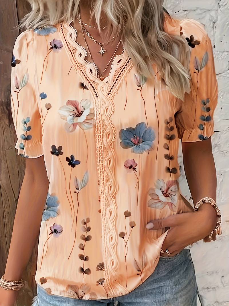 Jonida | Damesbloemenblouse met V-hals en kant - Casual top met korte mouwen