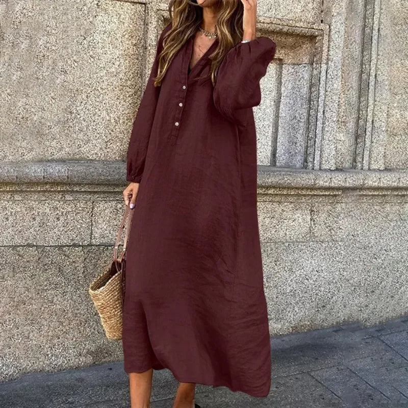 Enlyra | Linnen Midi-jurk met lange mouwen - Relaxed Fit, Lichtgewicht, Casual Zomerjurk