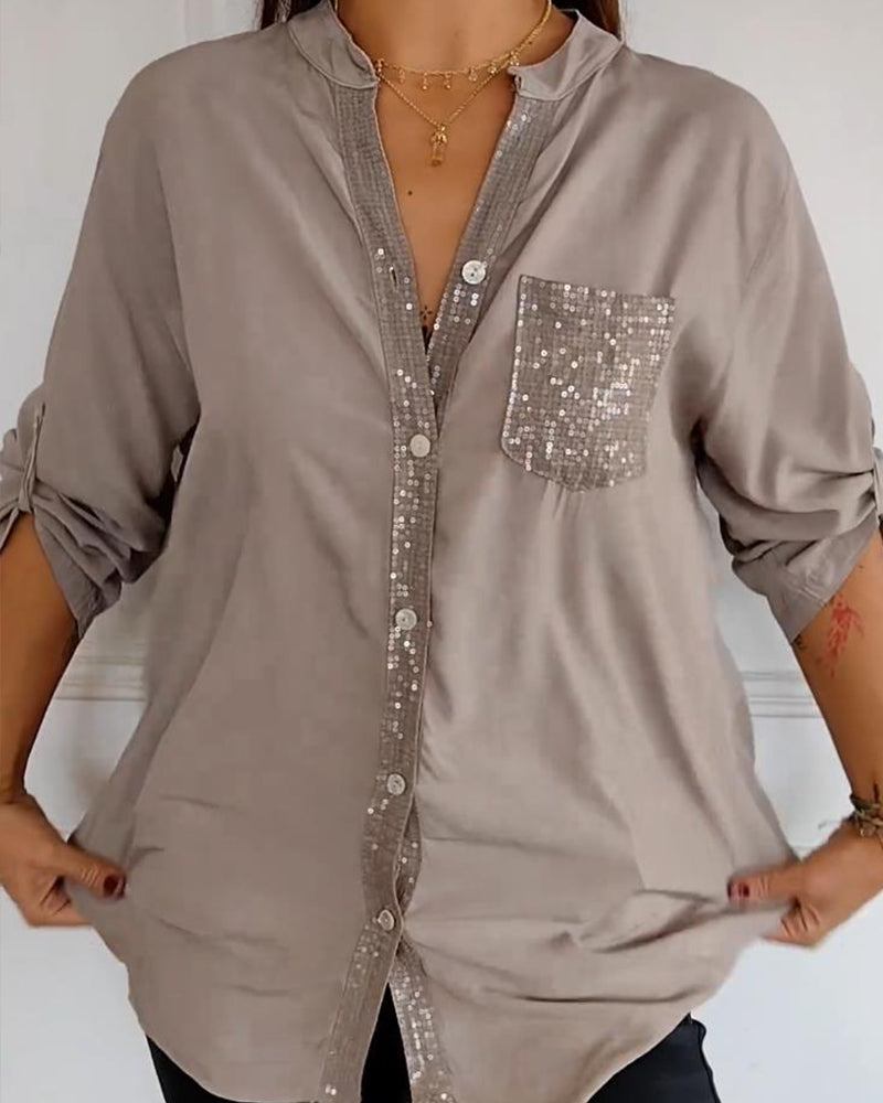 Stella | Elegante Pailletten Blouse - Casual Knoopsluiting Top met Verstelbare Manchetten