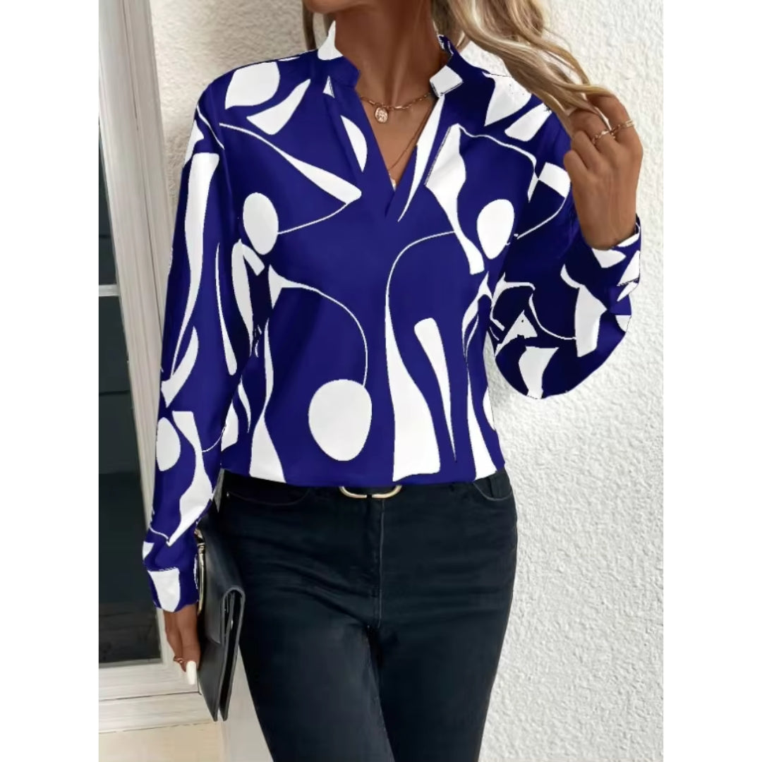 Fialith | Women's Geometric Abstract Print Long Sleeve V-Neck Blouse – Casual Loose-Fit Top