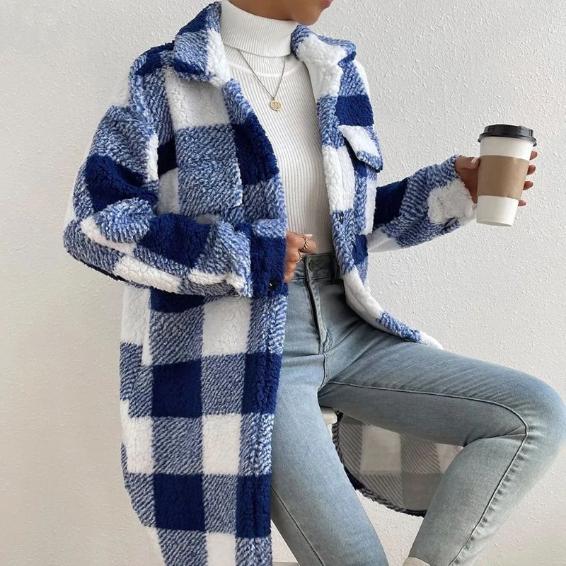 Veronica | Dames jas met ruitjesmotief – oversized pasvorm, knoopsluiting, zachte herfstjas