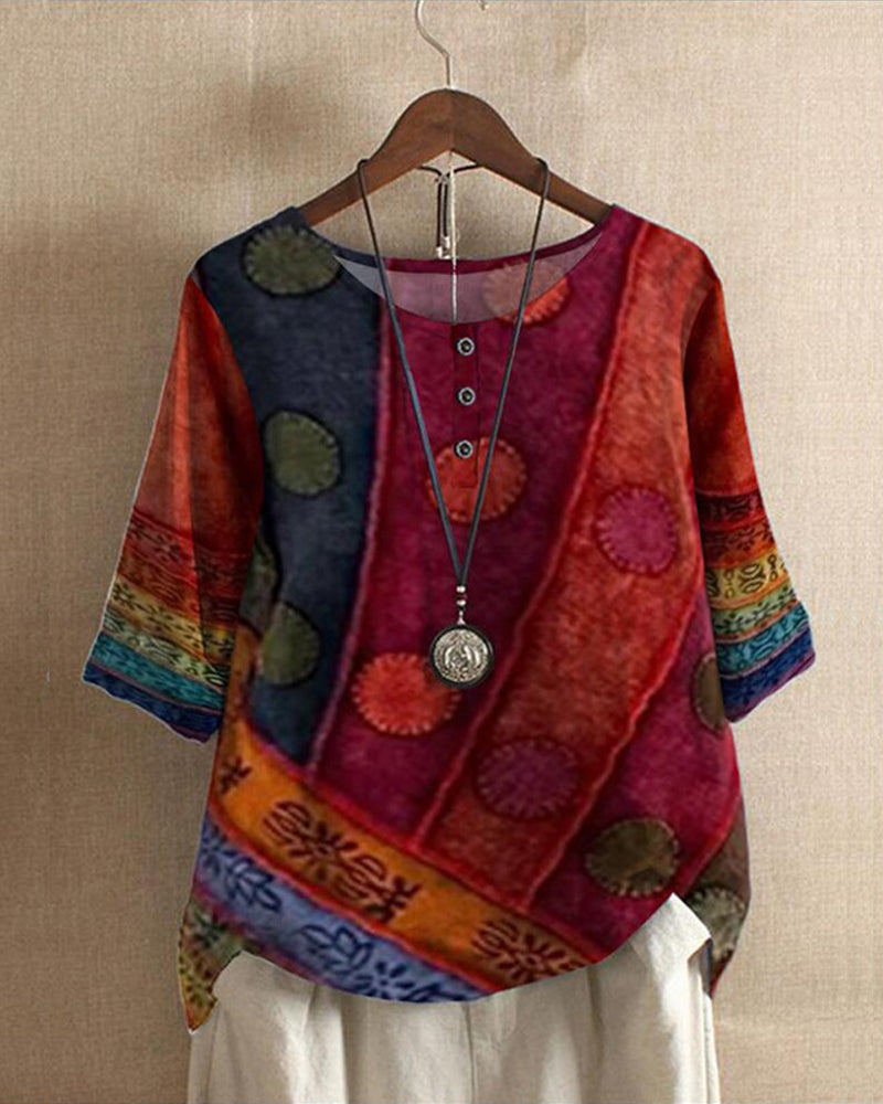 Johanne | Vintage Boho Print Top - Damestop met halve mouwen en losse pasvorm