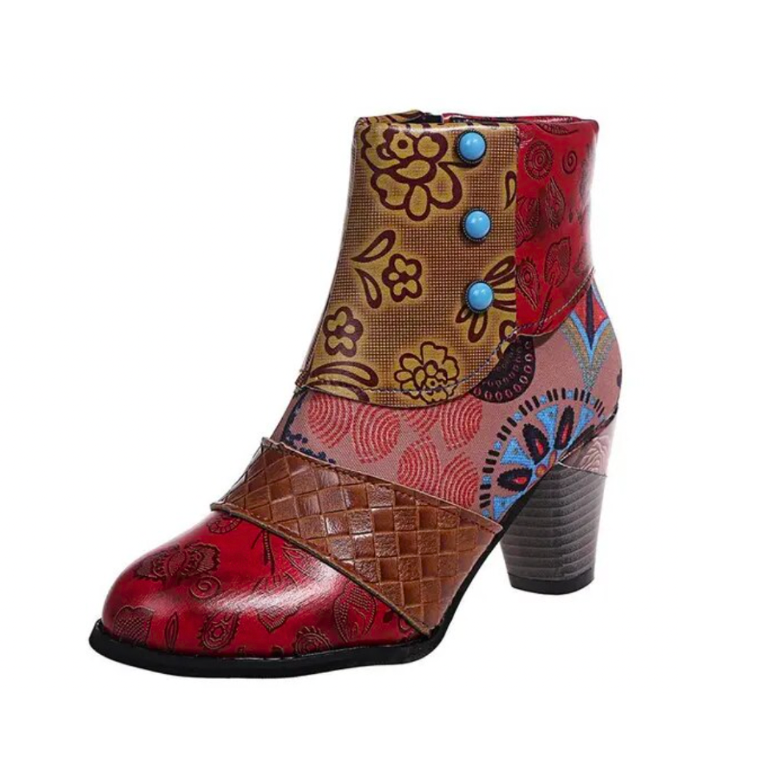 Folkiva | Kleurrijke Boho Patchwork Laarzen met Hak voor Vrouwen - Retro Enkellaarsjes met Ritssluiting