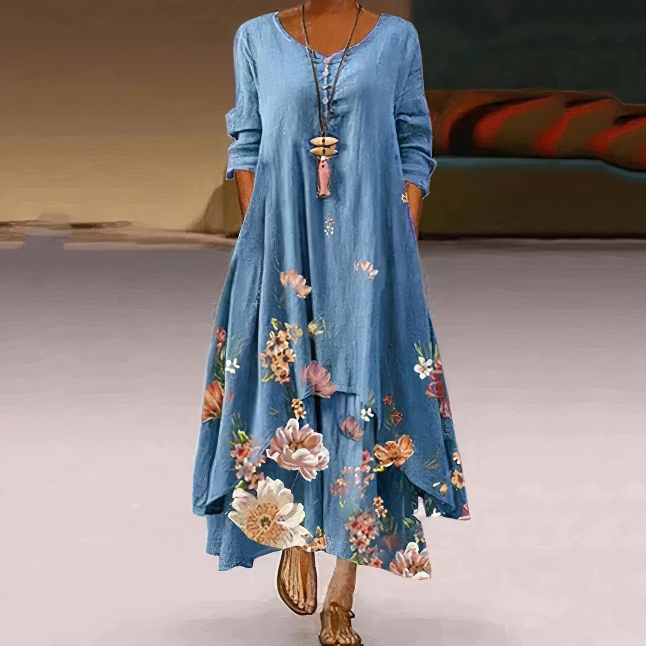Annelore | Bloemenjurk voor dames – Lange mouwen, boho zomerjurk, elegante casual lichtgewicht jurk
