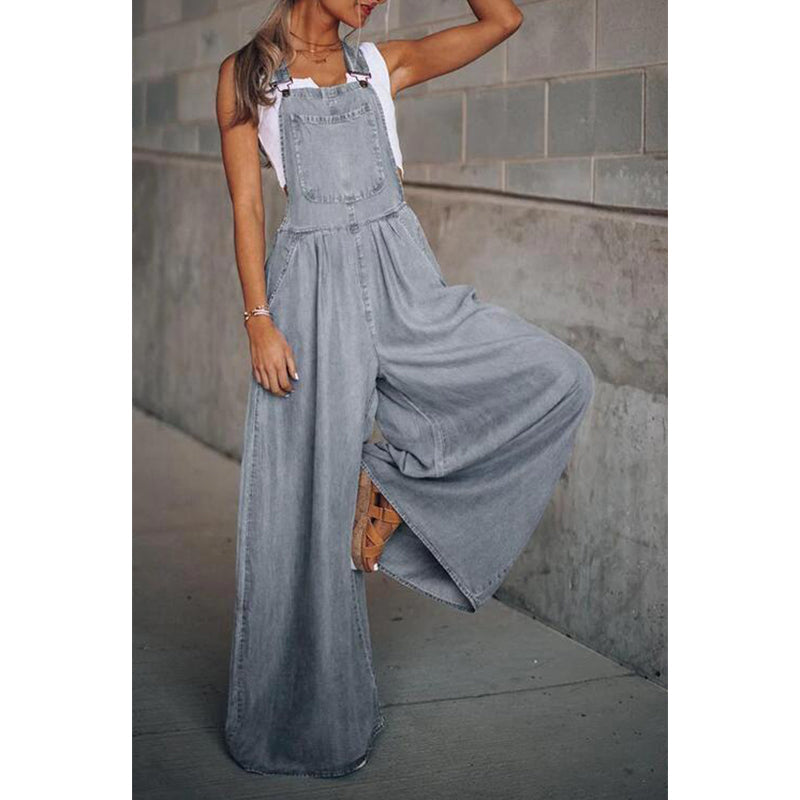 Bertille | Damesjungaree denim wijd uitgesneden mouwloze jumpsuit
