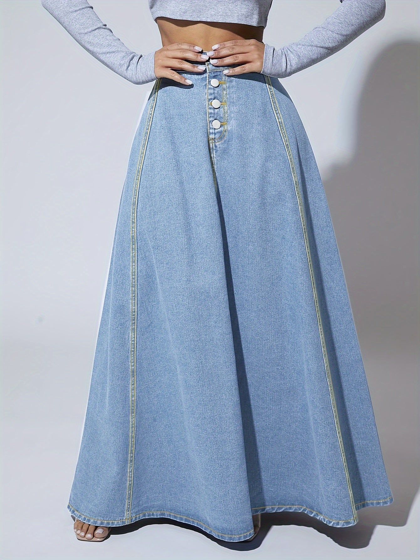Melina | Hoog uitlopende enkelvoudige geruite maxi flare denim rok
