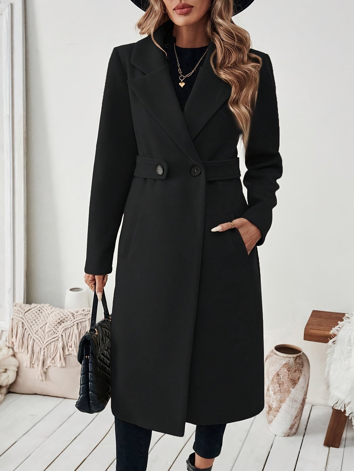 Veyrissa | Elegante lange damesjas – verstelbare riem, asymmetrische zoom, reverskraag