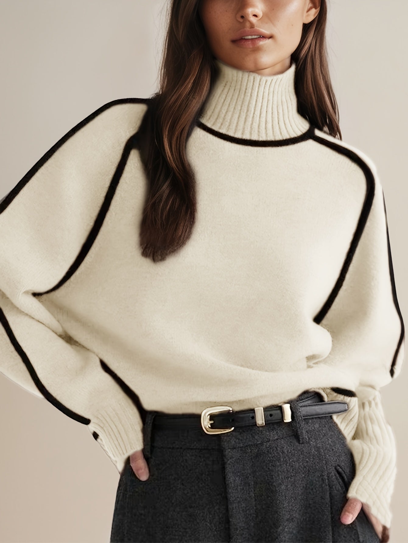 Cecilia | Hoge hals trui voor dames – Contrasterende rand, effen kleur, warme wintertrui
