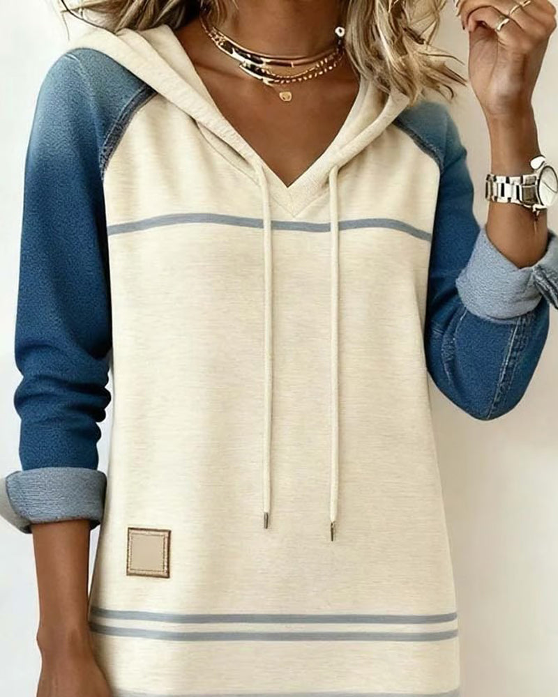 Enlina | Casual hoodiejurk met patchworkstrepen – denimstijl met lange mouwen, comfortabele jurk