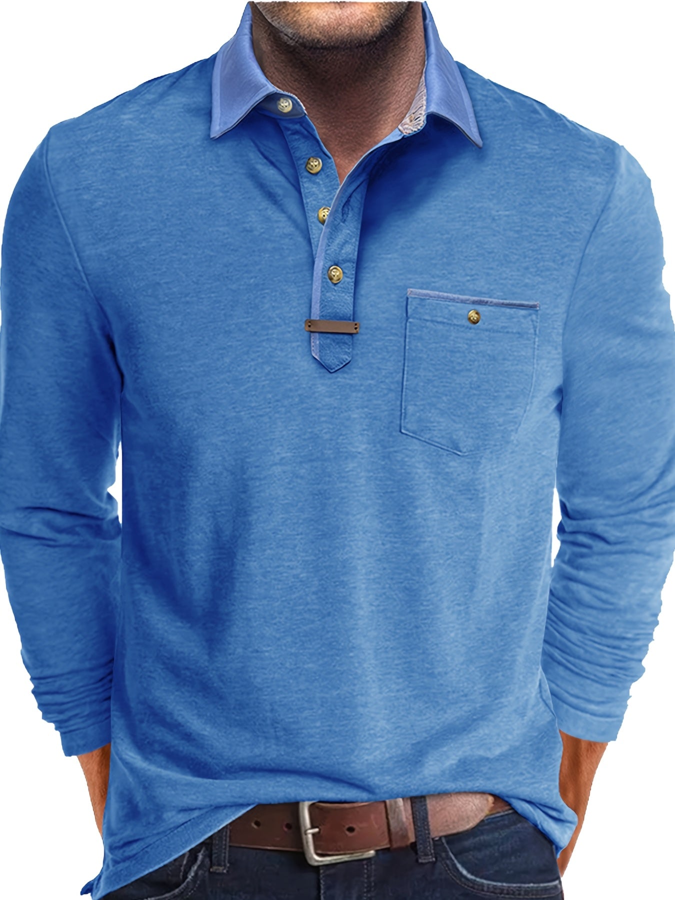Paulo | Herenpolo met lange mouwen – Casual Henley met kleurblok kraag en borstzak