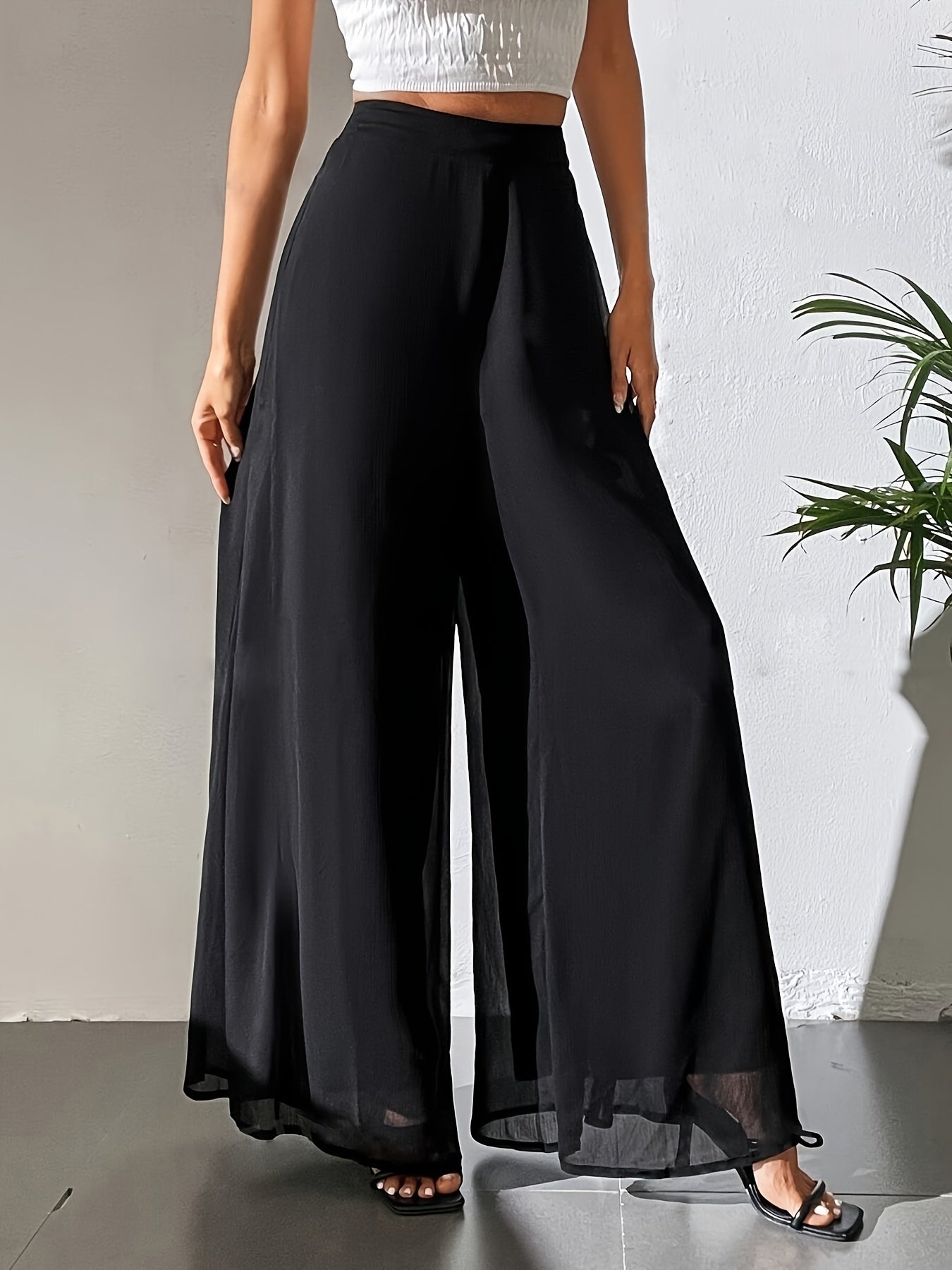 Quiana | Zwarte wijde broek met hoge taille voor dames - vloeiend, voor casual en elegante stijl