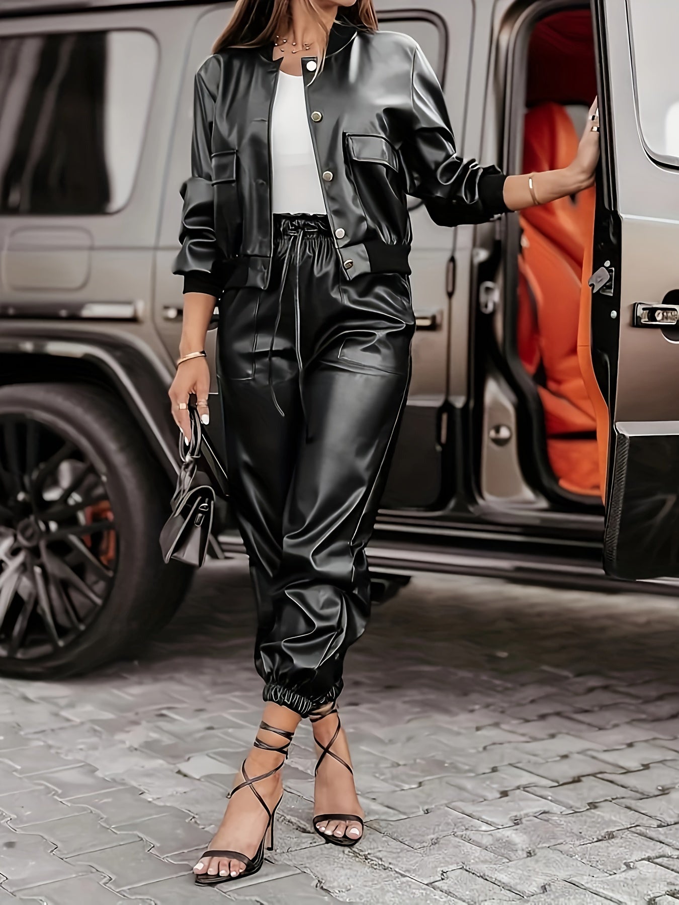 Asteria | Casual Skinny PU Twee-delige Set - Button Front Jack & Broek voor Dames