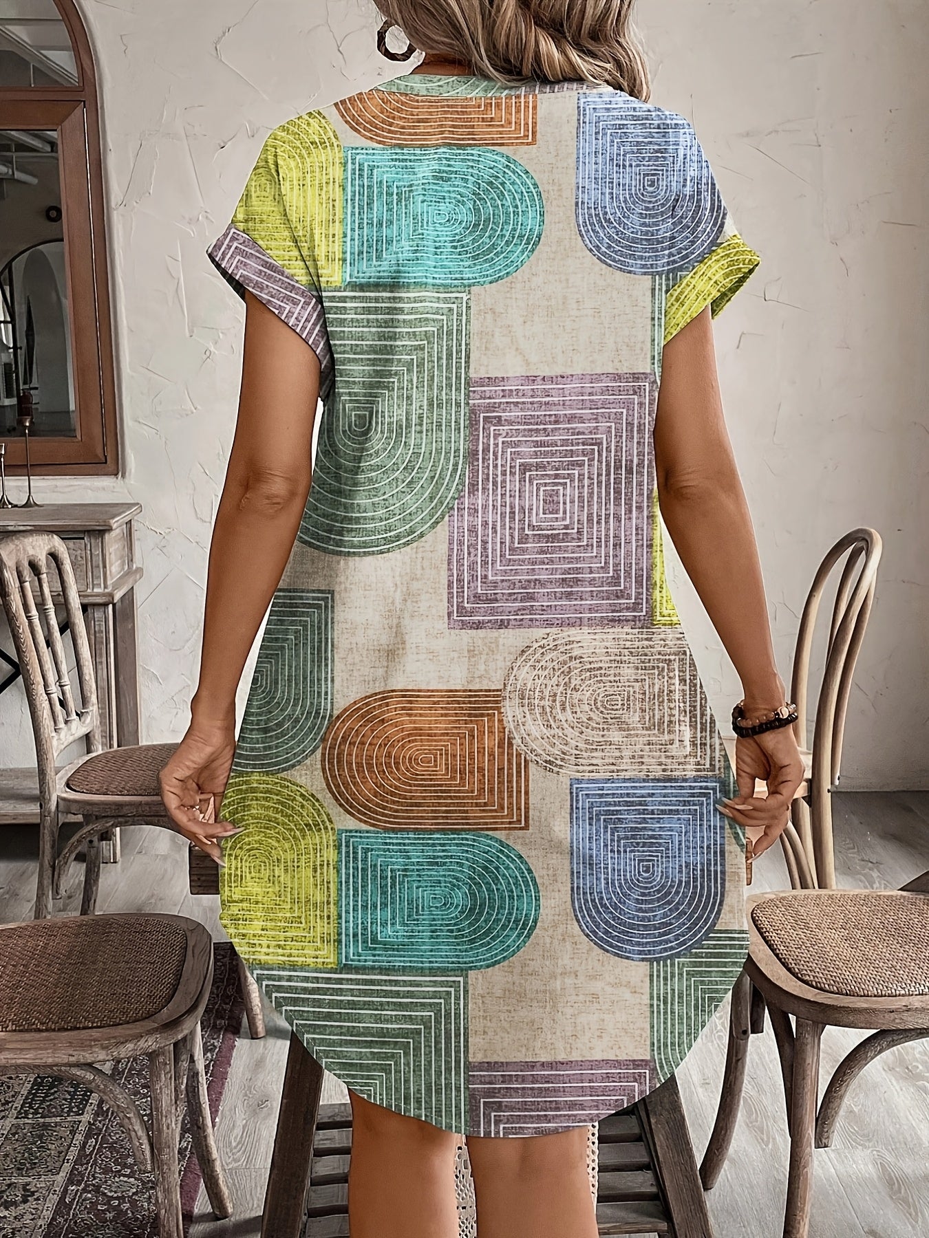Jasna | Damesjurk met geometrische print en knoopsluiting - Geweven textuur