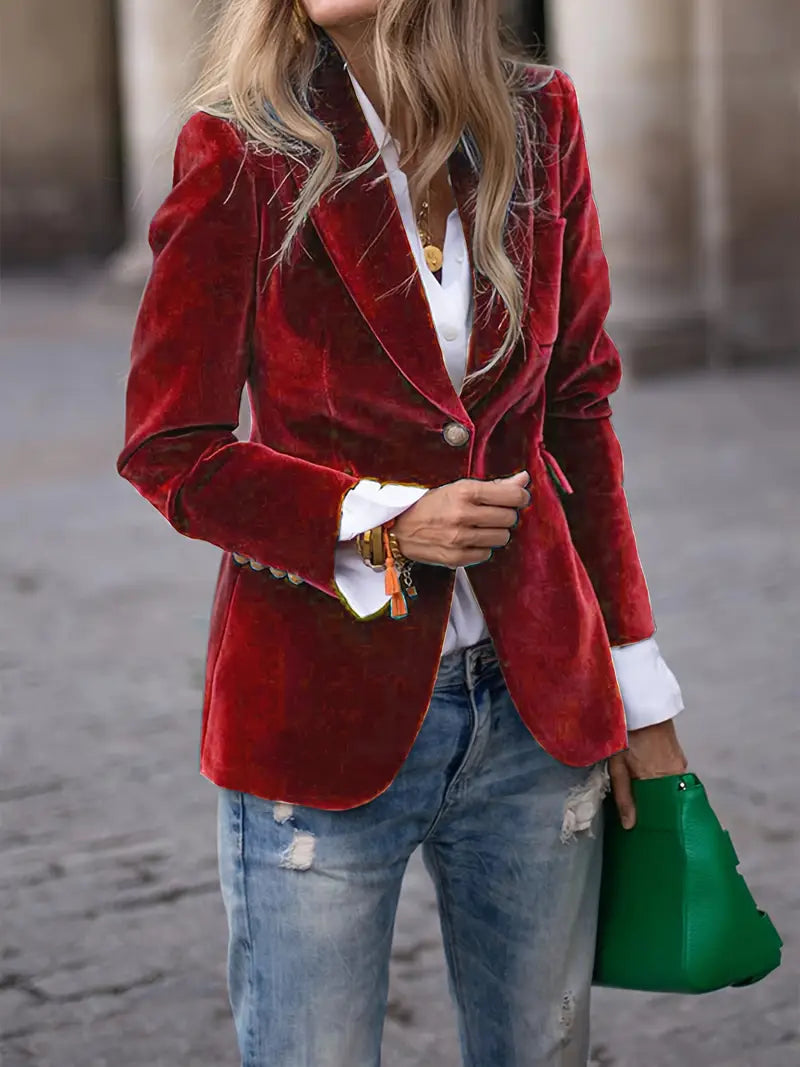 Petrina | Retro fluwelen blazer voor dames – Klassiek getailleerd jasje met gouden knopen