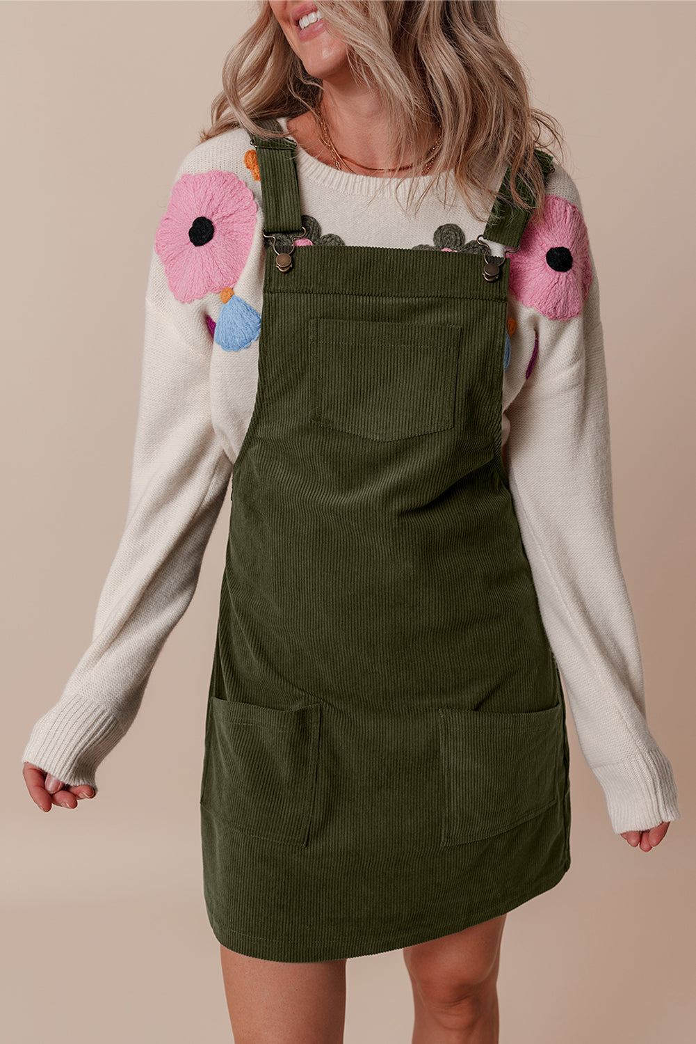 Vionessa | Dames Mini Corduroy Overall Jurk - Mouwloze Dungaree met Zakken Aan De Voorkant