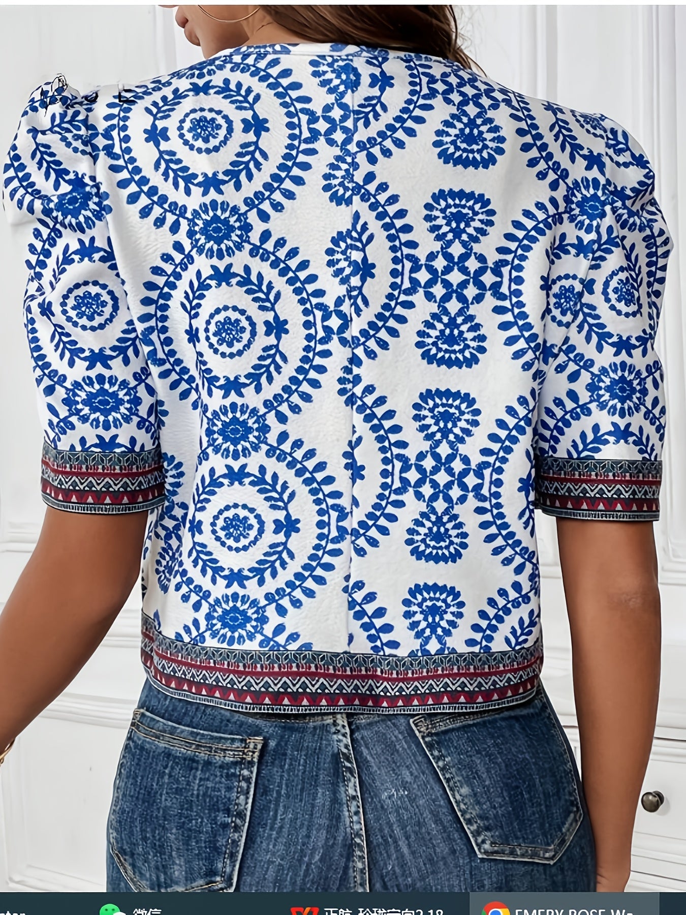 Sevdalina | Vrouwen Vintage Blouse met Geometrische Print - Blauw Wit Mandala Patroon
