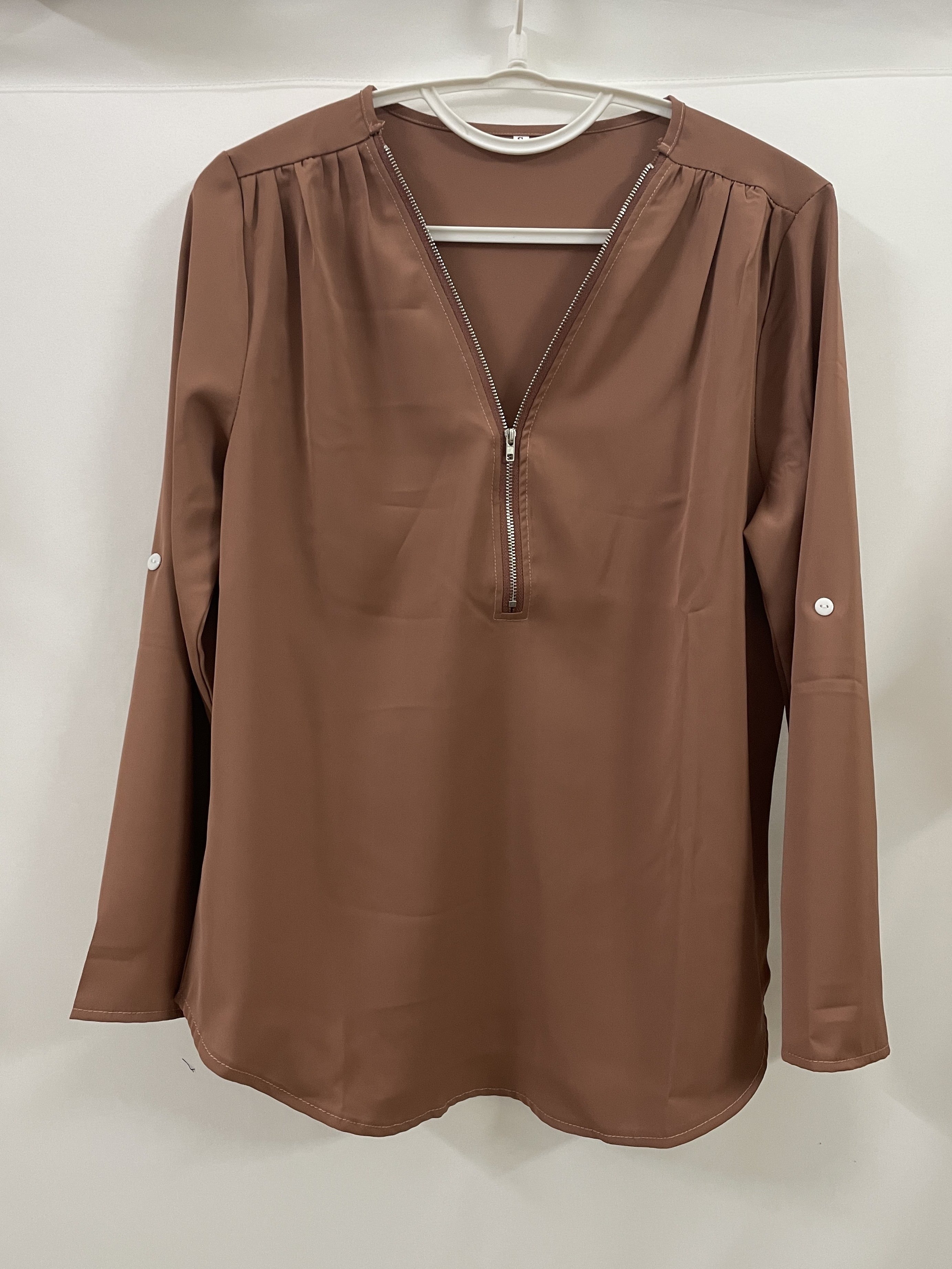 Veridiana | Damesblouse met V-hals en halve rits - Casual mouwen met gerimpelde mouwen, elegant en ademend