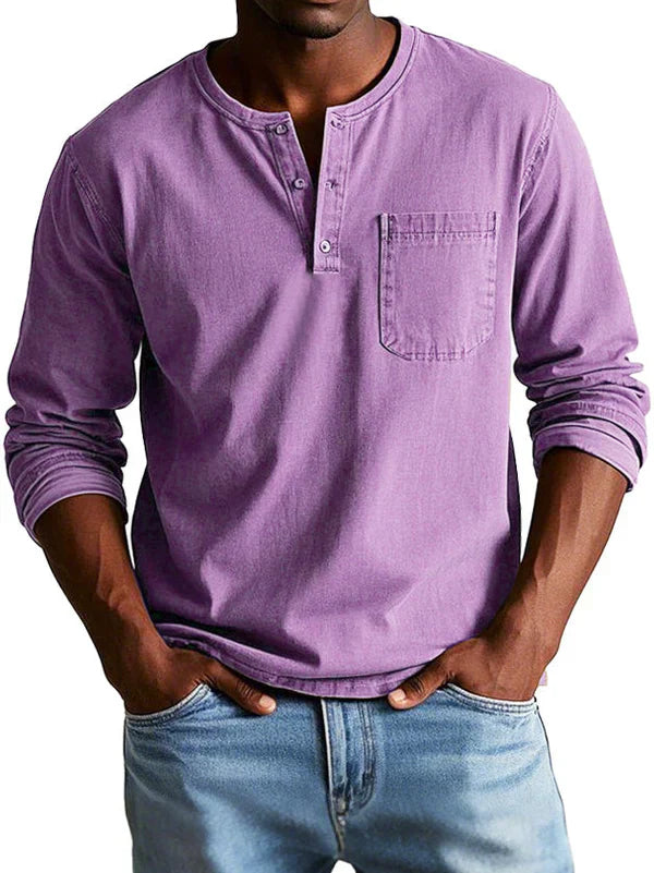 Bronic | Heren Vintage shirt met lange mouwen - Ronde hals, halve knoopsluiting, gewassen casual shirt