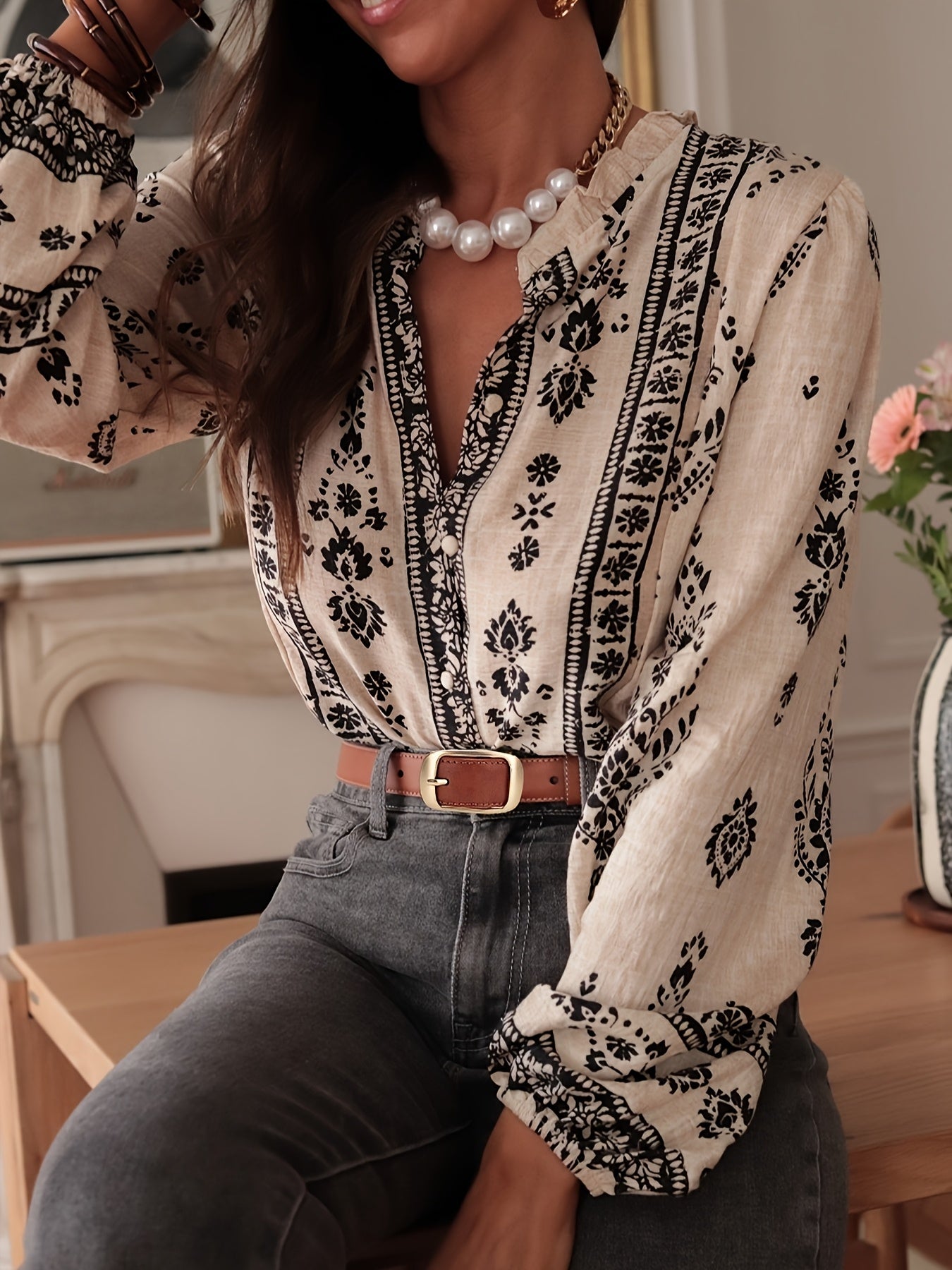 Halcyon | Geometrische bedrukte losvallende blouse met lantaarnmouwen