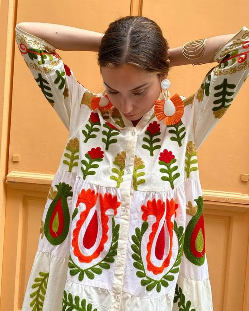 Uvelia | Artistieke oversized maxi jurk - Soepel, Boho, Abstracte print, Los model