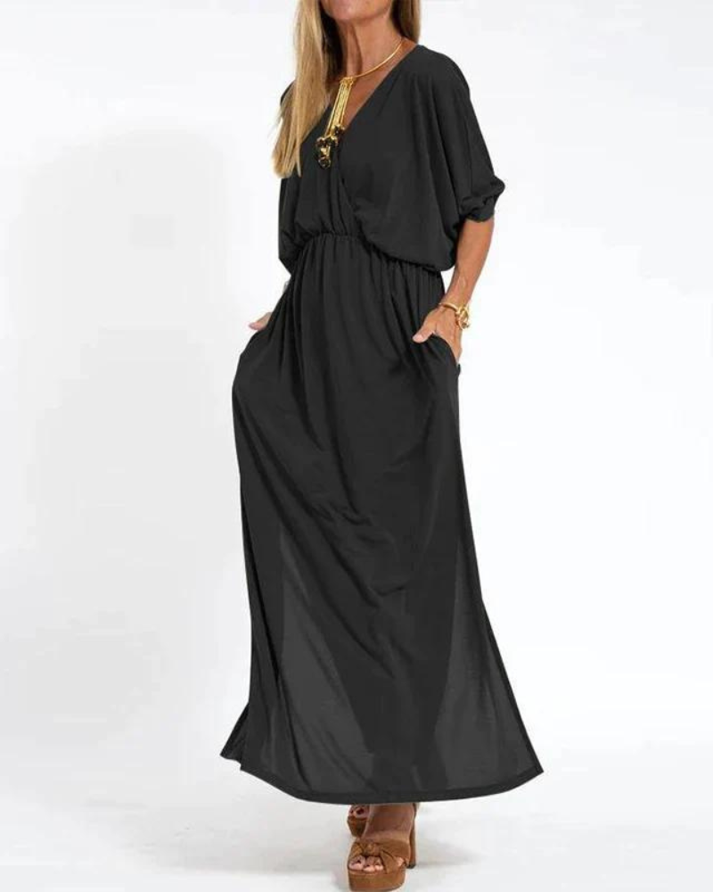 Sunhild | Elegante lange Vintage V-hals jurk - Flowy maxi jurk voor dames