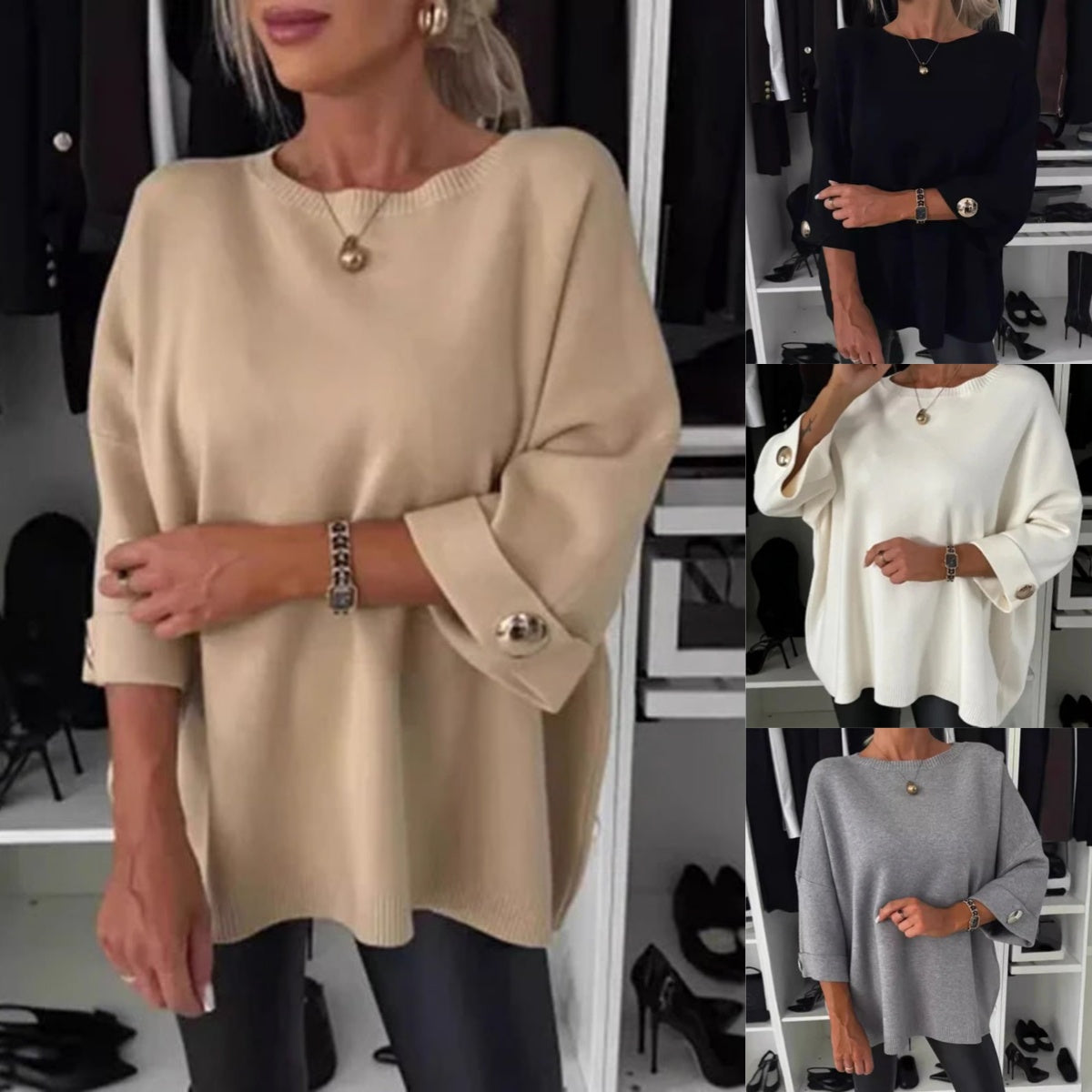 Jelisse | Losvallende gebreide top voor dames – Casual en chique shirt met 3/4 mouwen en knoopaccenten