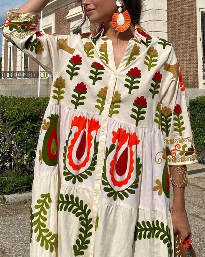 Uvelia | Artistieke oversized maxi jurk - Soepel, Boho, Abstracte print, Los model
