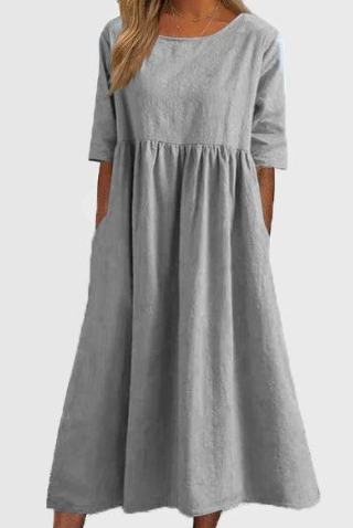 Noora | Klassieke katoen-linnen jurk met korte mouwen en zakken - Zomer Casual Midi