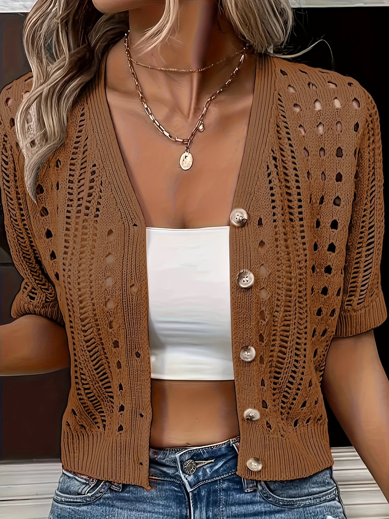 Brienya | Gebreid damesvest - korte mouwen, Button-Up, gebreide top