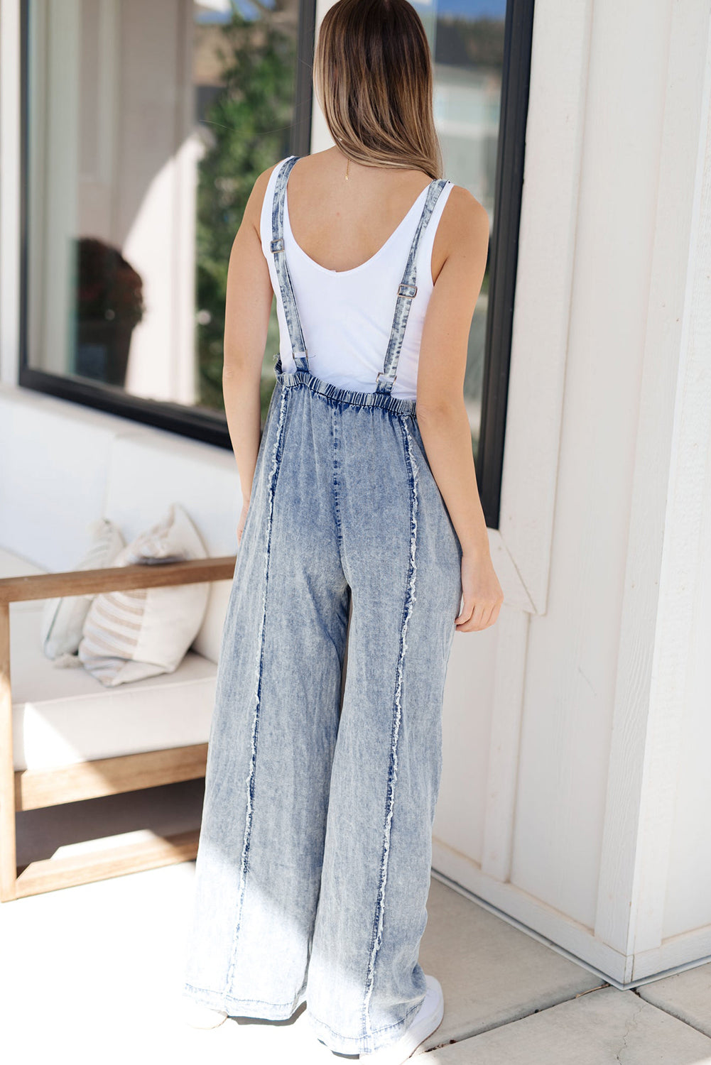 Maeryn | Mouwloze Denim Overall met wijde pijpen - Gerafelde zoom, open naden, casual jumpsuit