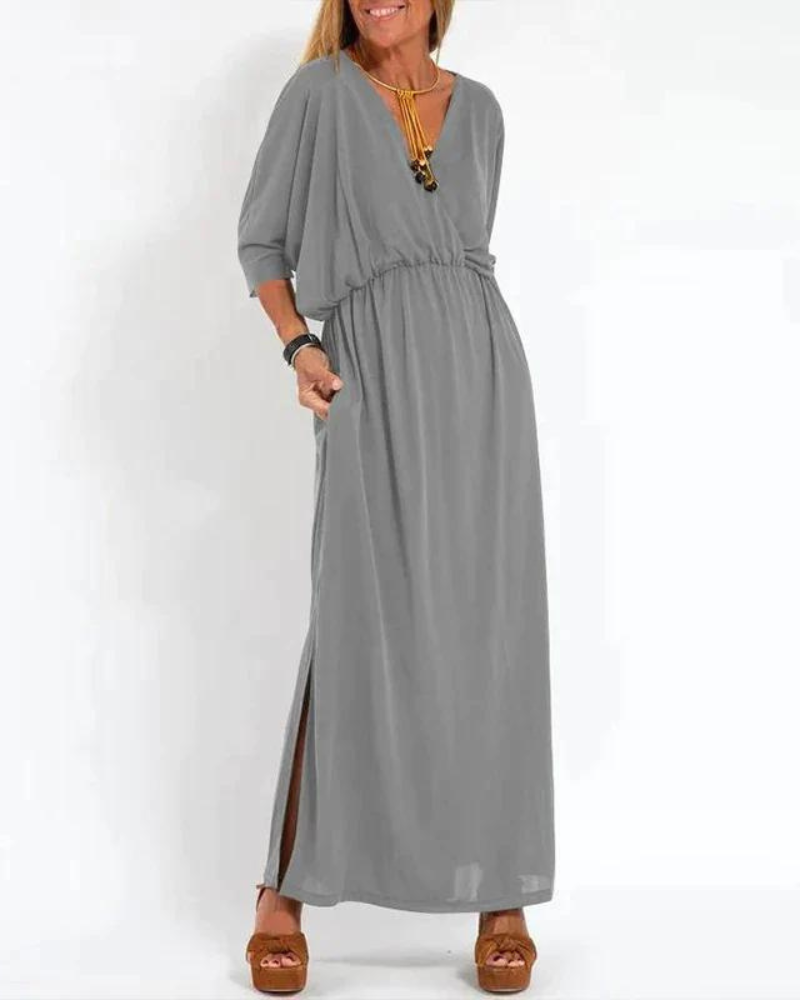 Sunhild | Elegante lange Vintage V-hals jurk - Flowy maxi jurk voor dames