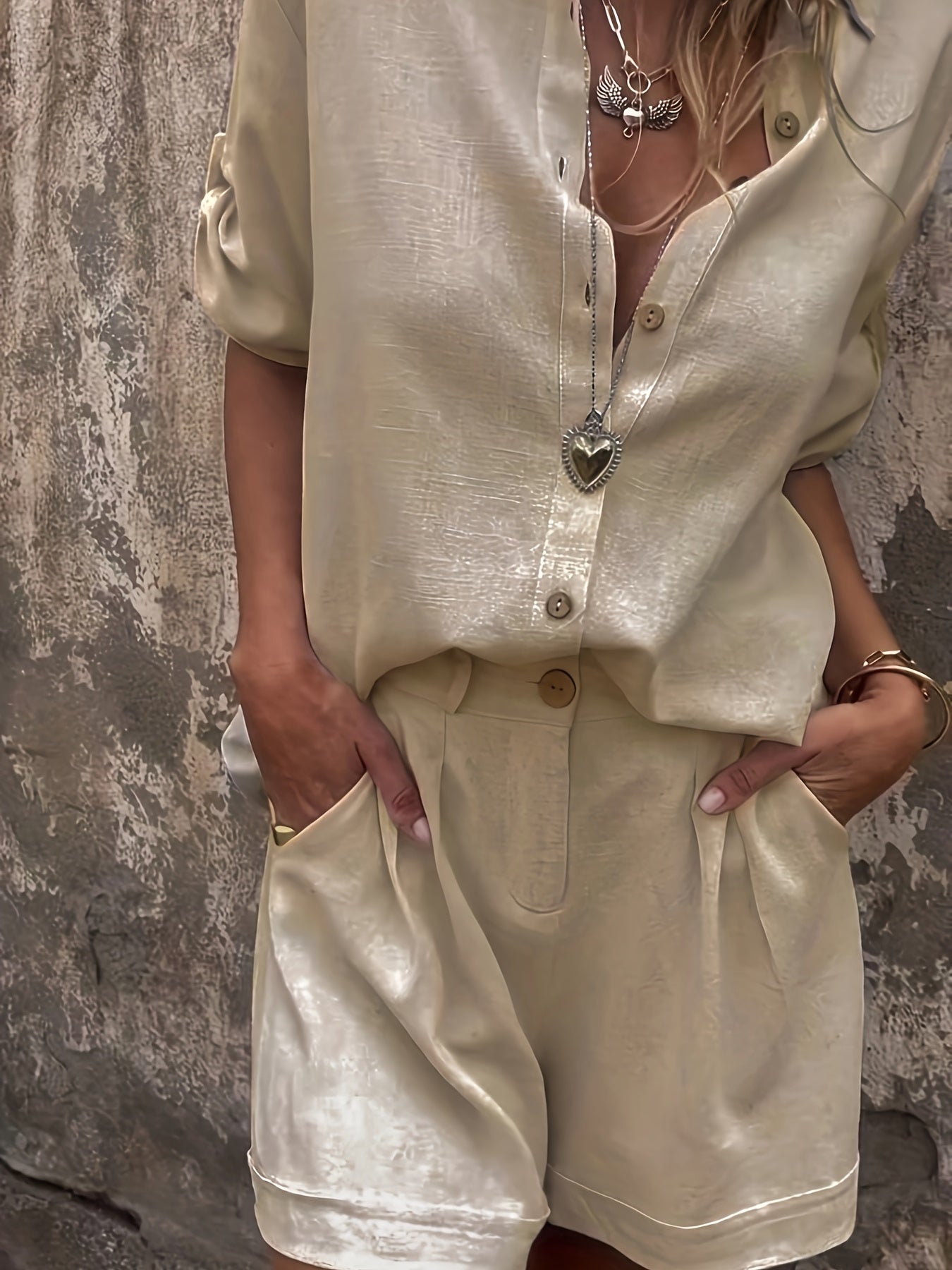 Elasha | Linnen tweedelige set voor dames - oversized overhemd met knoopsluiting & shorts