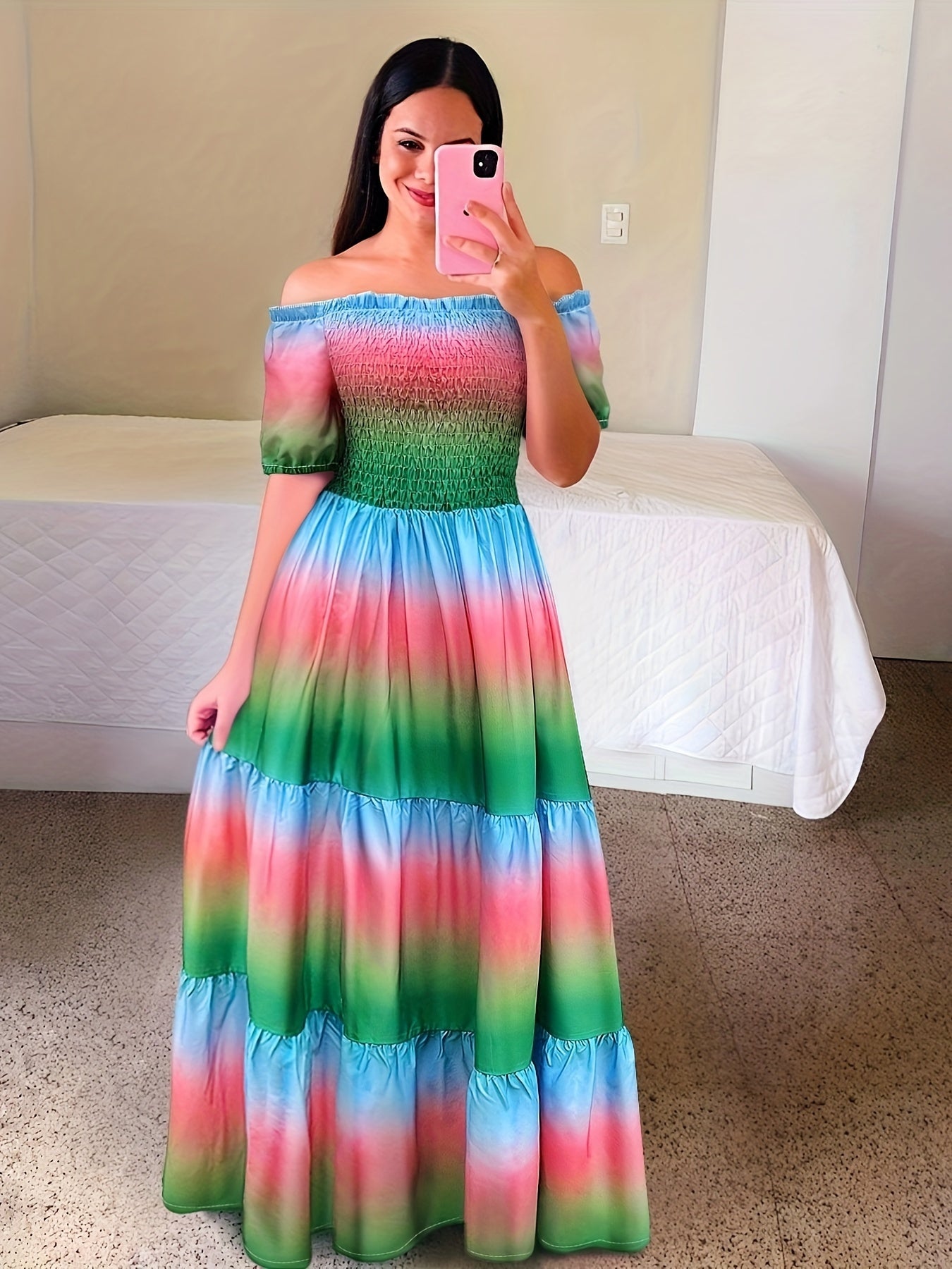 Kasia | Gradiënt print tiered maxi jurk - Casual off- schouder feestjurk voor vrouwen
