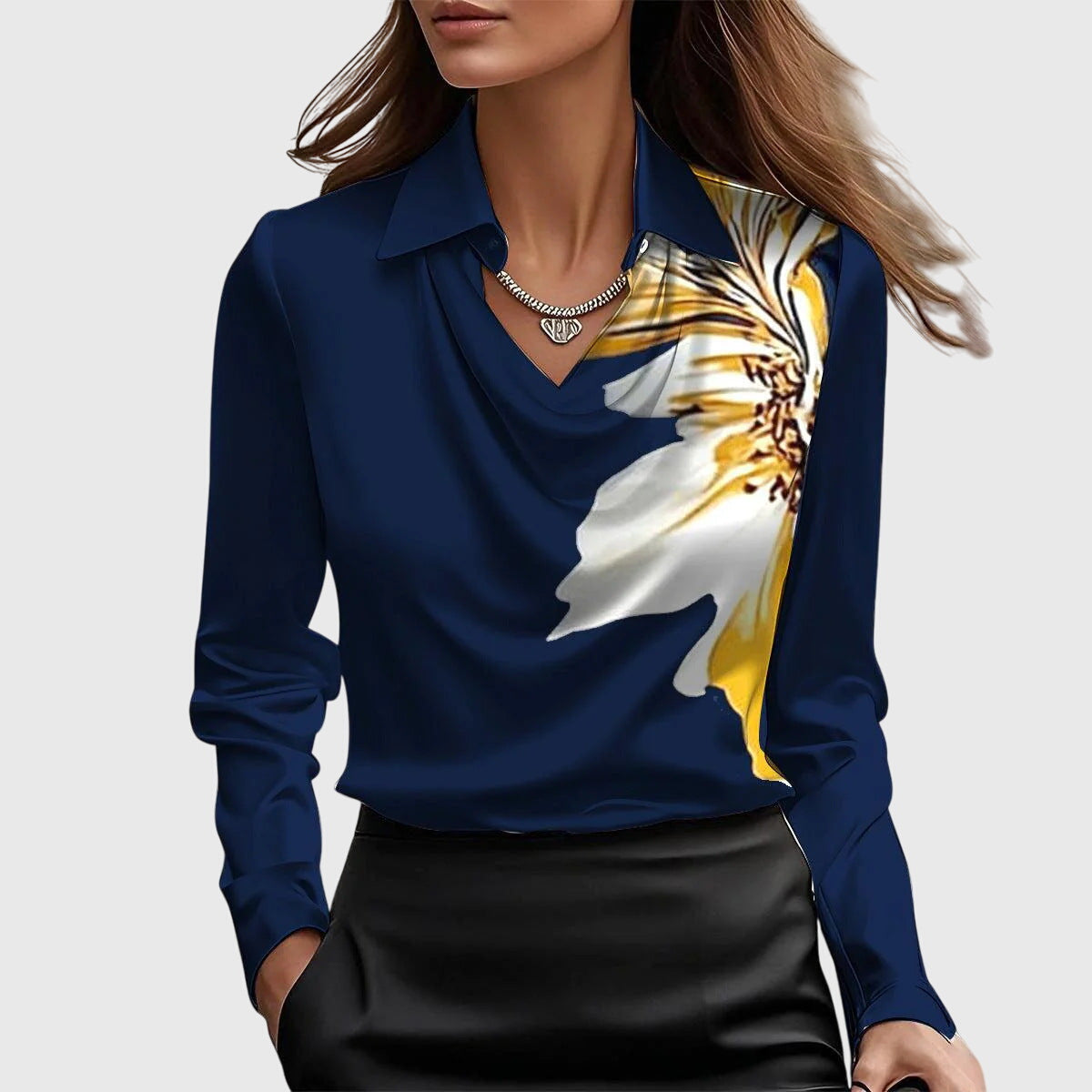 Amelthra | Elegante satijnen blouse met lange mouwen voor dames, gedrapeerd shirt met swingkraag