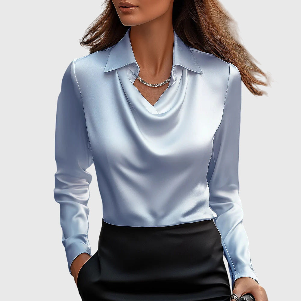 Amelthra | Elegante satijnen blouse met lange mouwen voor dames, gedrapeerd shirt met swingkraag