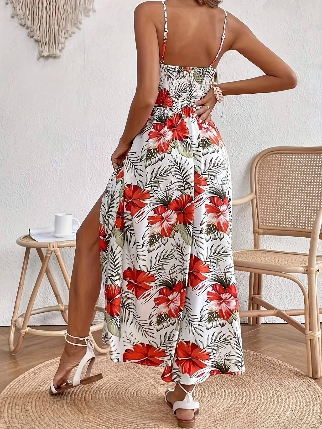Helma | Spaghettibandjurk met bloemenprint - Elegante Splitjurk zonder mouwen voor vrouwen
